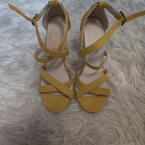 Yellow faux suede strappy heels